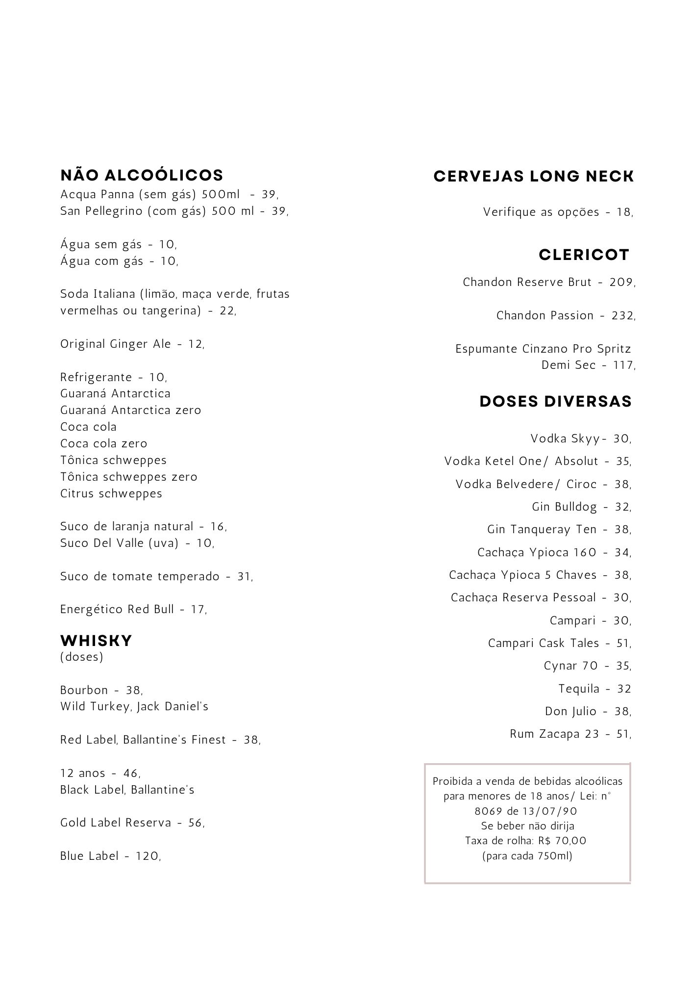 menu de bebidas não alcoolicas e soft drinks do restaurante italiano la cucina piemontese de alphaville