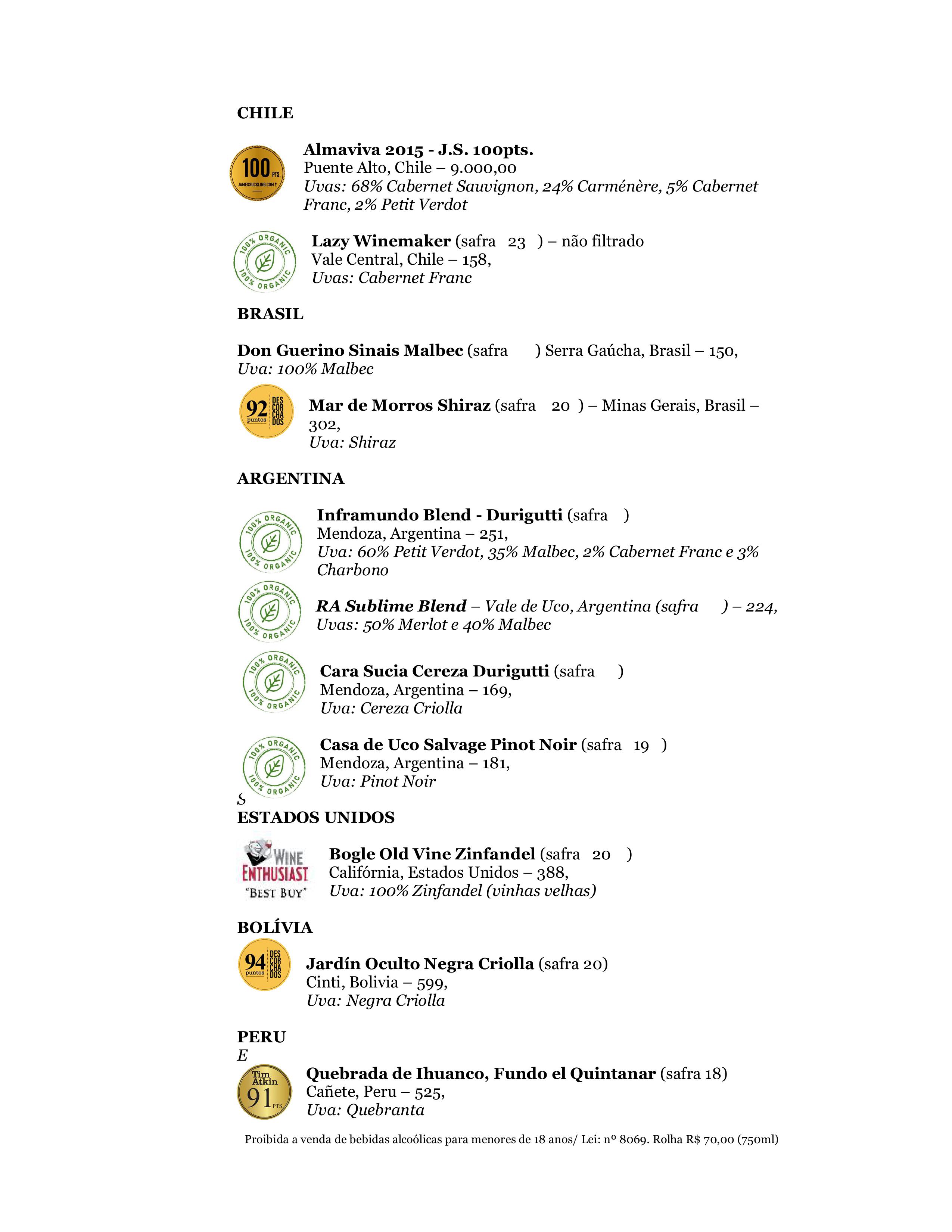 Vinhos tintos do novo mundo do restaurante La Cucina Piemontese em Alphaville/ São Paulo