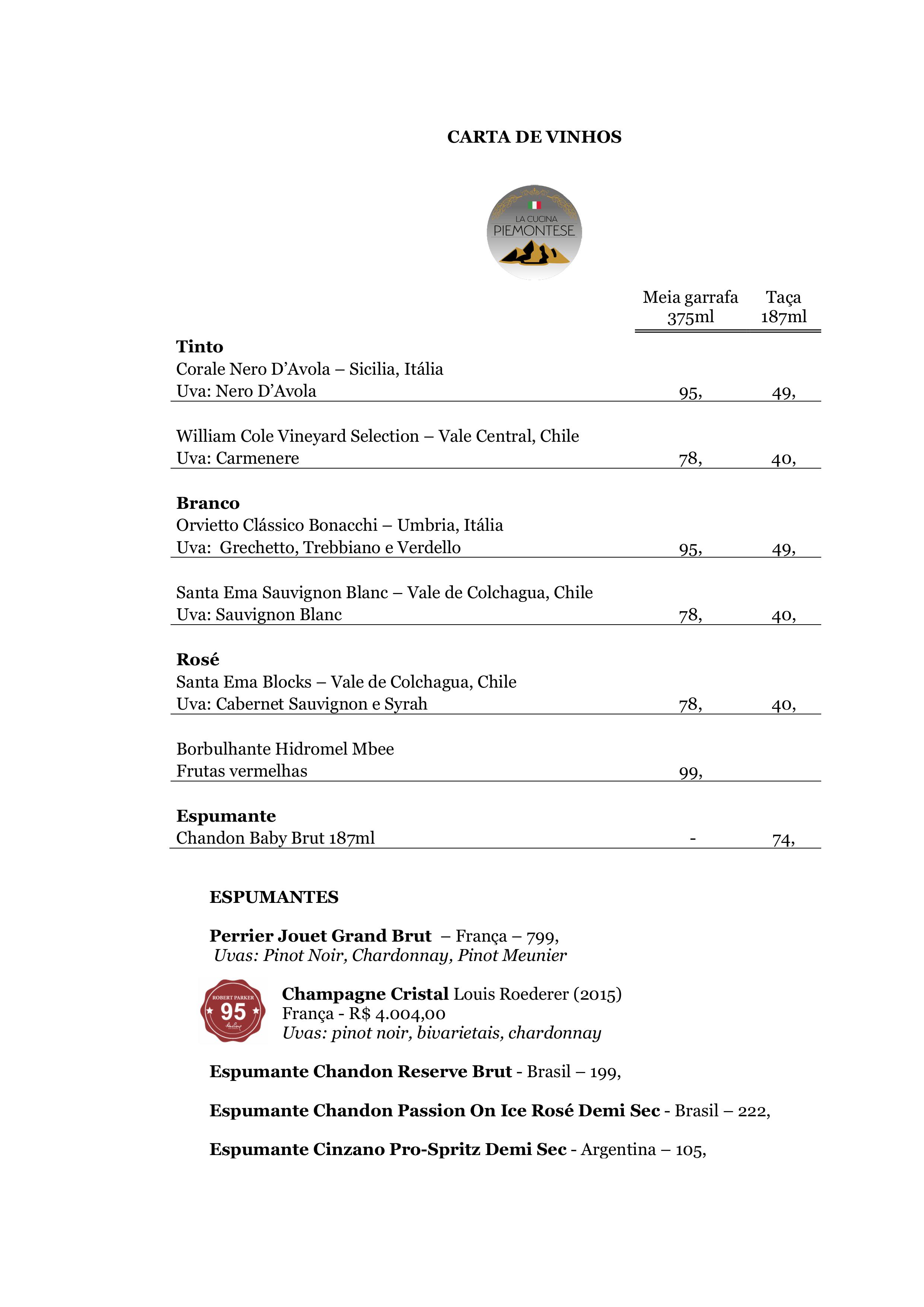 Carta de Vinhos do restaurante La Cucina Piemontese, em Alphaville São Paulo. Taças, meia garrafa e espumantes
