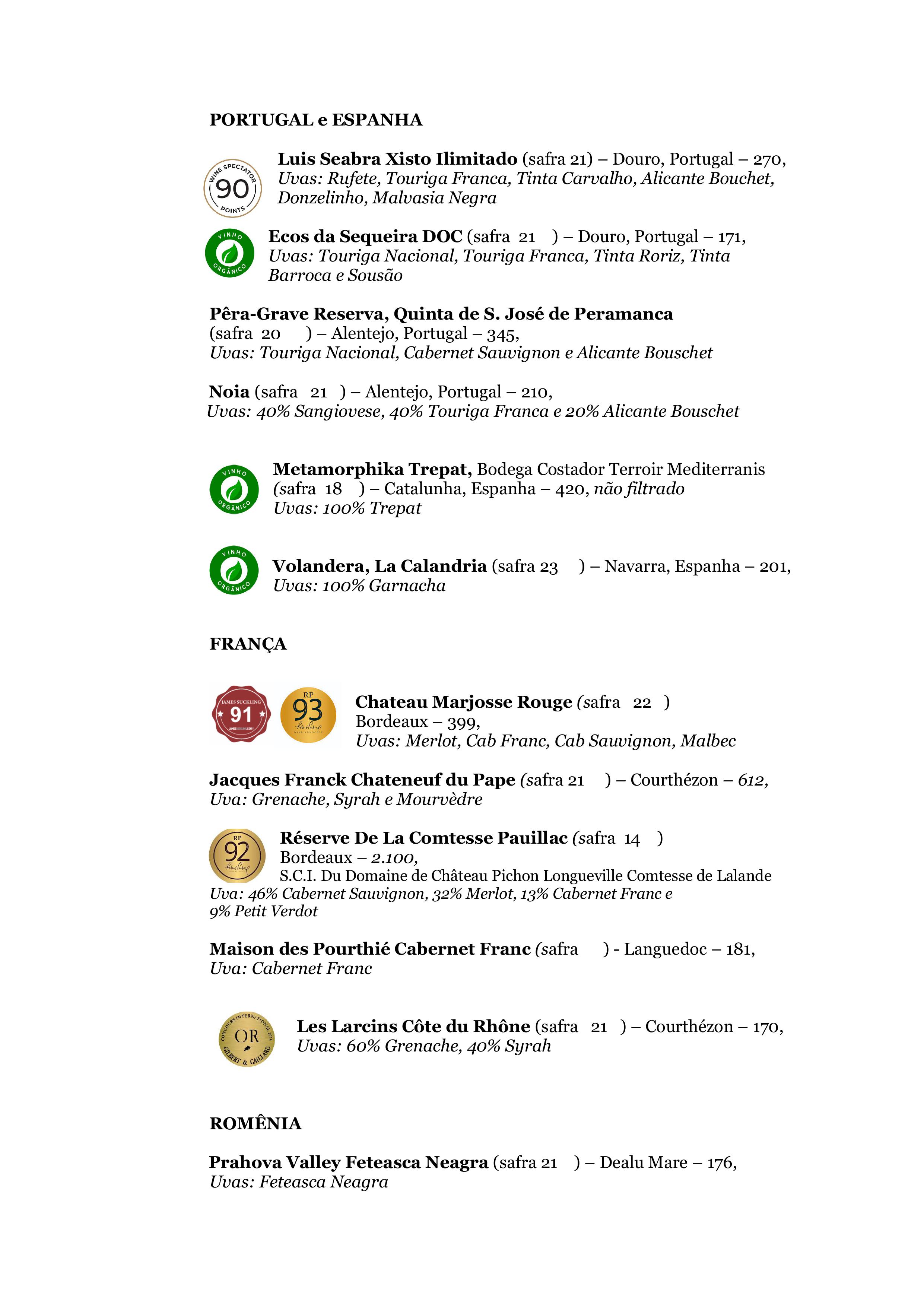Carta de Vinhos do restaurante La Cucina Piemontese, em Alphaville São Paulo. Portugal, Espanha, Romenia, França