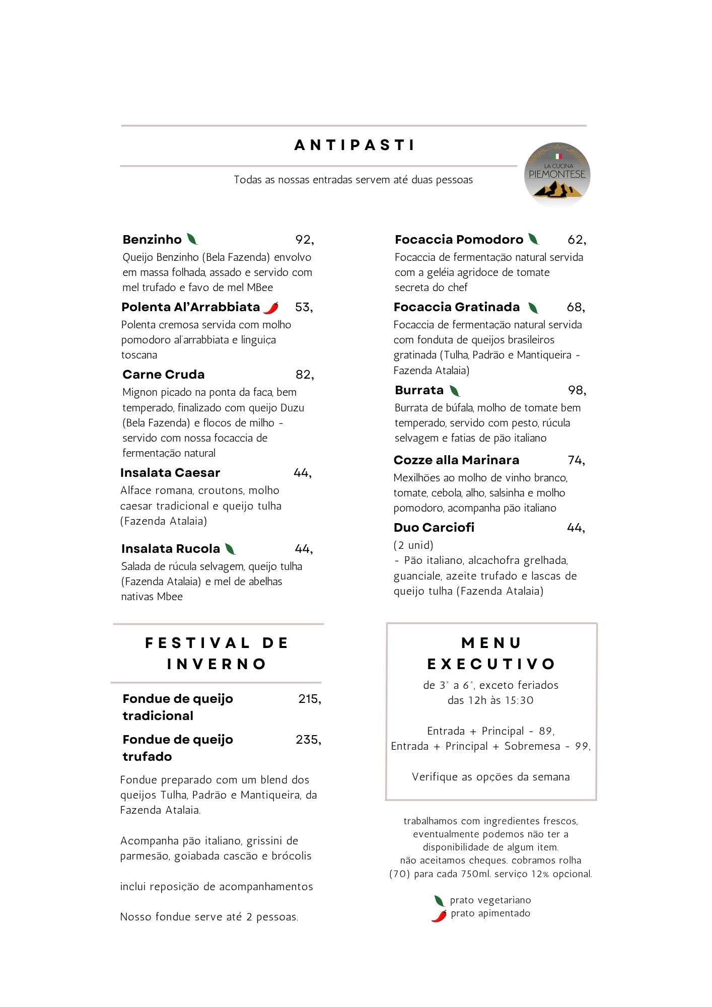 Menu de entradas e fondue do restaurante La Cucina Piemontese em Alphaville/ SP