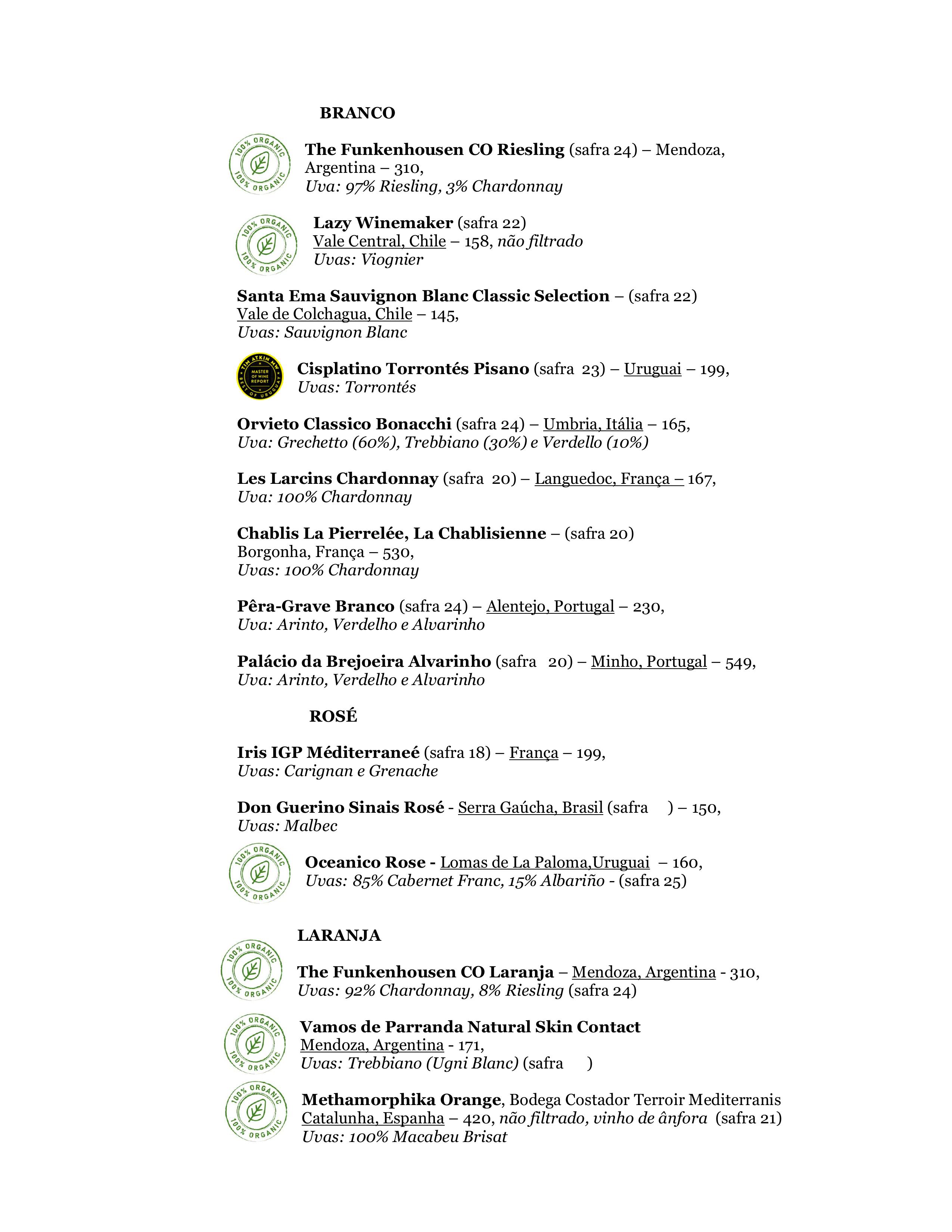 Vinhos brancos, rosé e laranjas do restaurante La Cucina Piemontese em Alphaville/ São Paulo